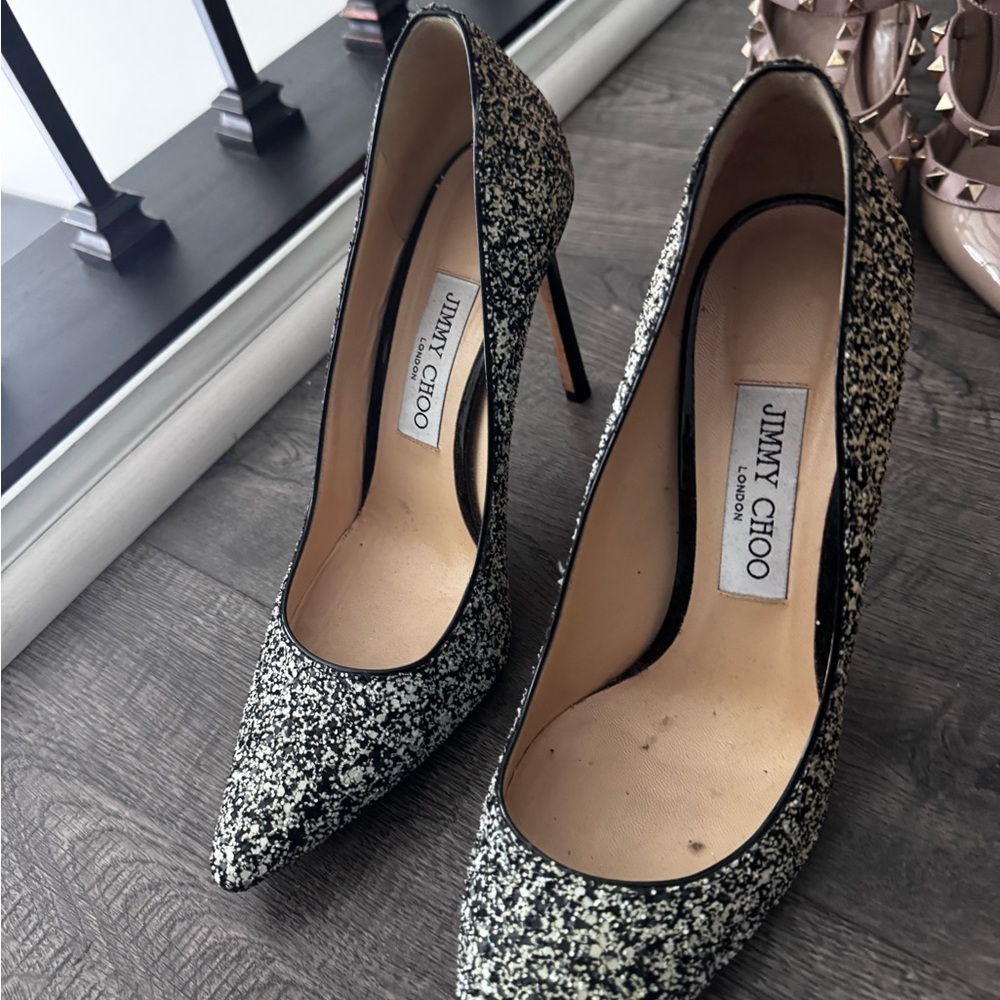 Jimmy Choo Black and Cream Glitter Heels